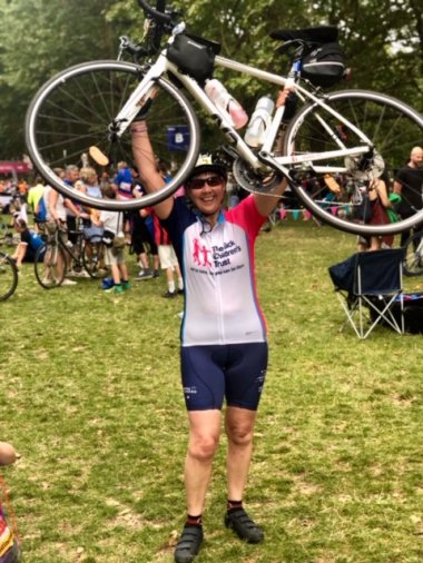 Sue Sykes completing the Prudential Ride London to Surrey (and back) 100 miles bike ride